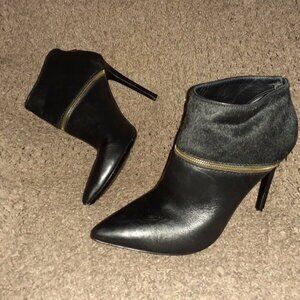 MARCIANO Booties-Black Leather/Calf Hair-Zip Accent-Stiletto-Sz 40-10-Near Mint